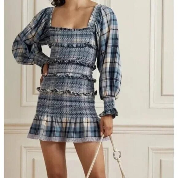 LoveShackFancy Dresses & Skirts - LoveShackFancy Stanley Smocked Plaid Dress in Blue Yellow Denim Skies Medium